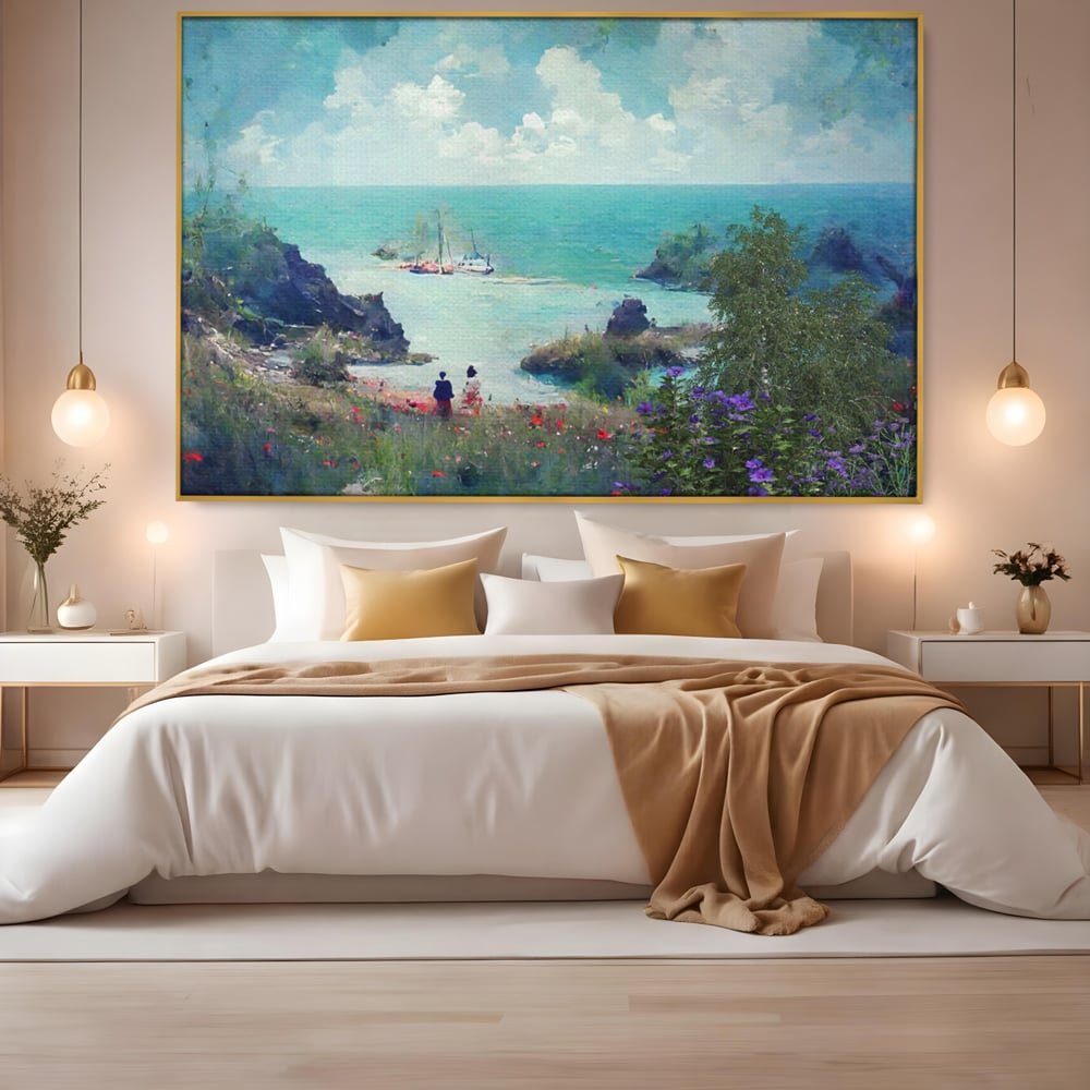 Tablou canvas cu pictura peisaj marin cu oameni si flori, in rama de aluminiu auriu, pe perete intr-un dormitor